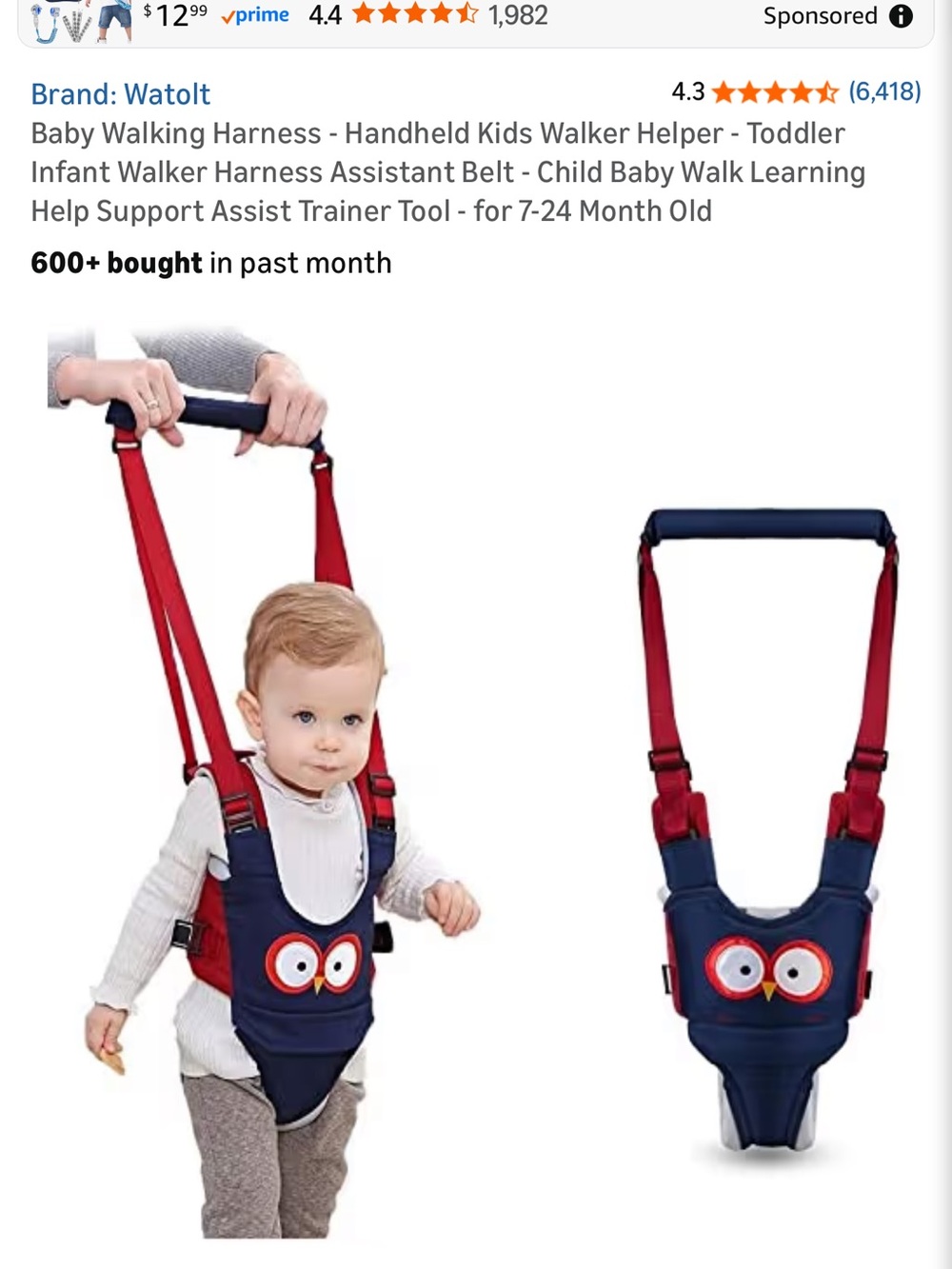 Baby Walking Harness with Owl Face in Navy and Red